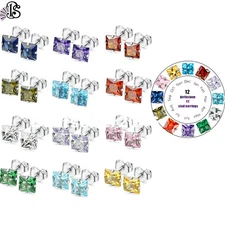 12 Pairs Stainless Steel Square CZ Birthstone Stud Earrings Unisex Ear Piercings