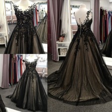 Gothic Black and Champagne Wedding Dresses Buttons Back Sweep Train Bridal Gowns