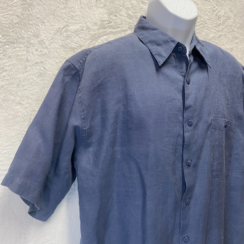 Prime Elements Washable Linen Button Up Shirt Mens XL Blue Pocket Short Sleeve - Image 2 of 4