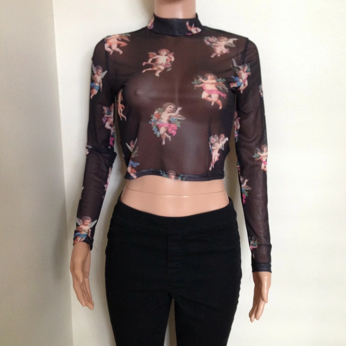 Sexy Sheer Long Sleeve Black Mesh Top with Cherub Angel Graphic