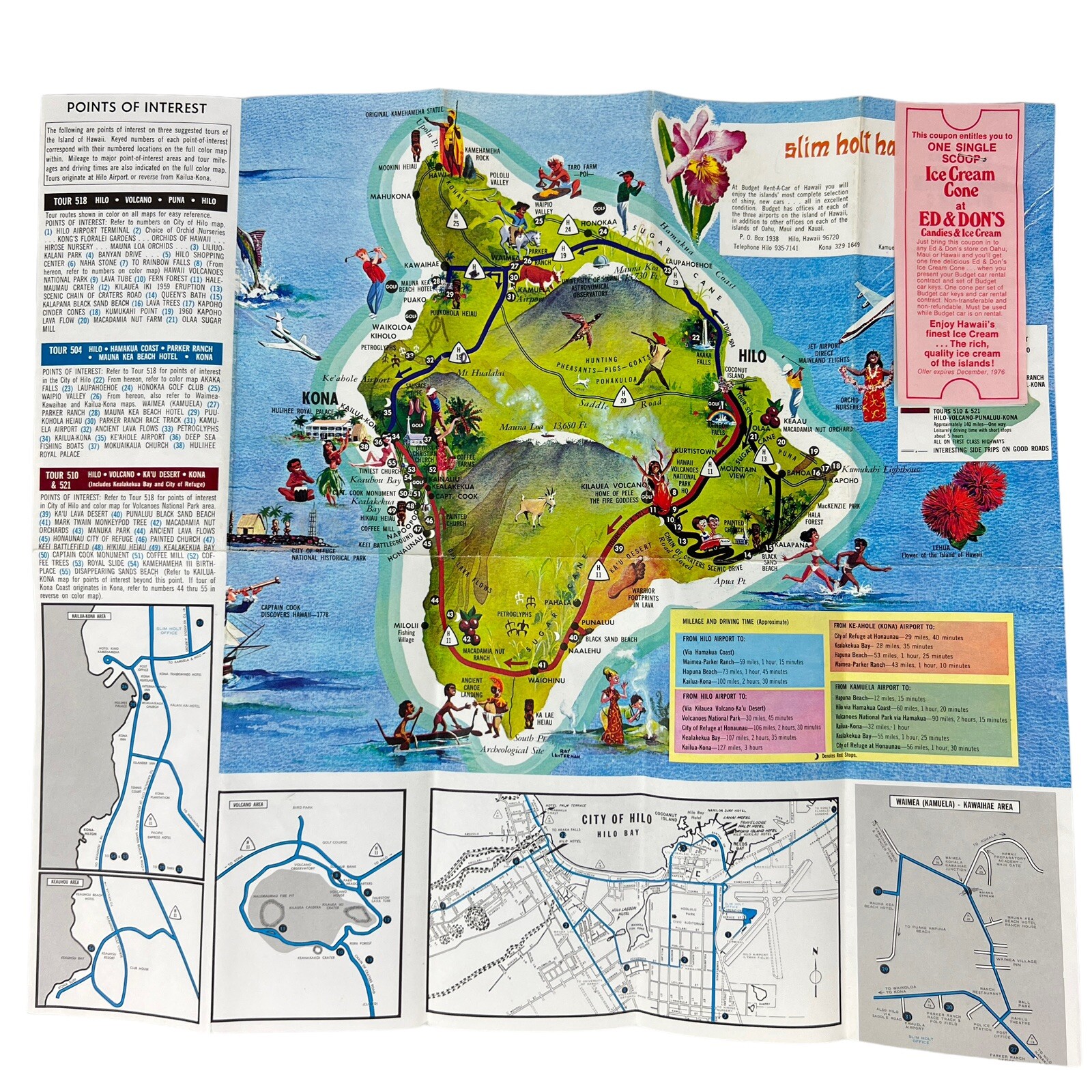 Cupones de colección de 1970 arte animado mapa de Hawái de Ray Lanterman alquiler de coche económico