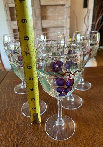 Set of 6 Artisan Hand Painted Grapes Vine Artist Signed Wine Glasses Winery - Picture 12 of 13
