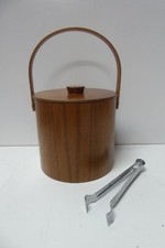 VINTAGE TEAK ICE BUCKET 1960s BAR WARE WITH TONGS