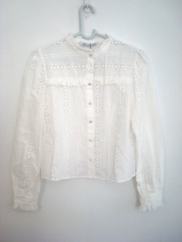 Blusa Camisa Top Zara Blanca Manga Larga Cuello Alto Encaje Talla Extra-Pequeña (XS)