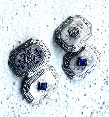 Art Deco 14K White Gold Platinum Cufflinks Sapphire Diamond Double Sided 1920s