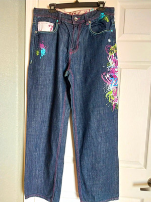 Y2K 90s Ecko Unltd Baggy Jeans Graffiti Embroidered Pink Stitch Streetwear Jeans