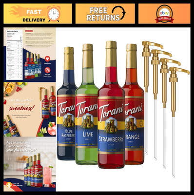 Torani Syrup, Soda Flavors Variety 4-Pack, Blue Raspberry, Lime, Strawberry, and