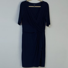 Chaps Navy Solid V-Neck Sheath Dress XL 3/4 Sleeve Ruched Stretch Knee