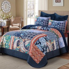 Patchwork Quilt Set Queen Size Navy Blue Bedspread Boho Paisley Floral Patter...
