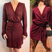 Kacey Devlin Size 8 10 Red Maroon Metallic Knit Long Sleeve Wrap Dress Designer