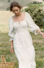 Faithfull The Brand Dariya Midi Dress Size Sml White Long Sleeve Linen Milkmaid