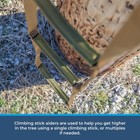 Coyote-colored Step Aider with metal ring and climbing stick, used to help a hunter climb a tall tree.