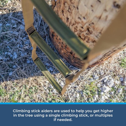 Coyote-colored Step Aider with metal ring and climbing stick, used to help a hunter climb a tall tree.
