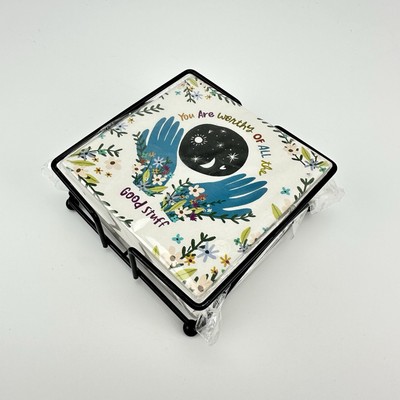 Primitives by Kathy Choose Joy Coaster Set 4pc Stoneware Cork