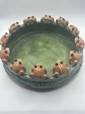Vintage Rare Majolica 13 Frog Round Pottery Bowl Ceramic Planter Lily Pads