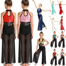Kids Girls Lyrical Dance Jumpsuits Sleeveless Split Wide-leg Sparkly Bodysuits