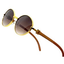 Round Sunglasses Gold Frame Brown Gradient Lens Wood Arms Men's Shades Hip Hop