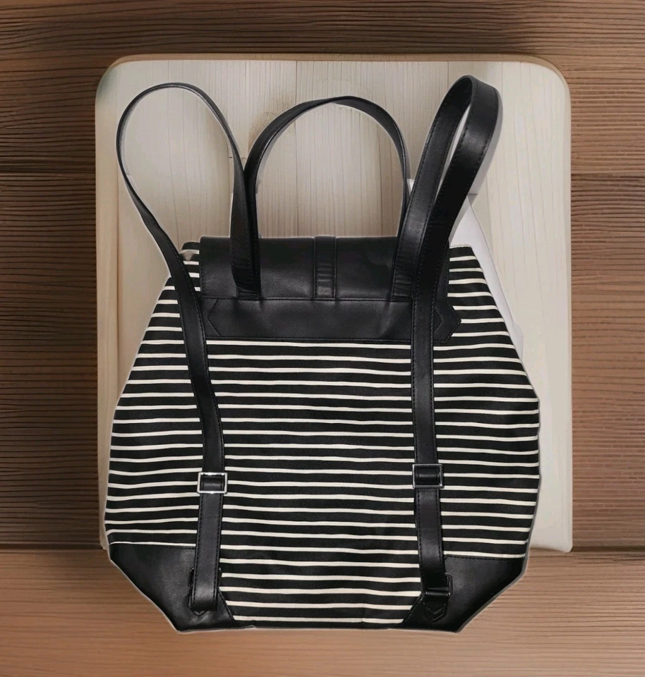 Stella & Dot Ava Backpack Black White Stripe Canvas & Faux Leather 2018 - Image 2 of 4