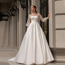 A-Line Satin Wedding Dresses Lace Appliques Full Sleeve O-Neck Bridal Gowns