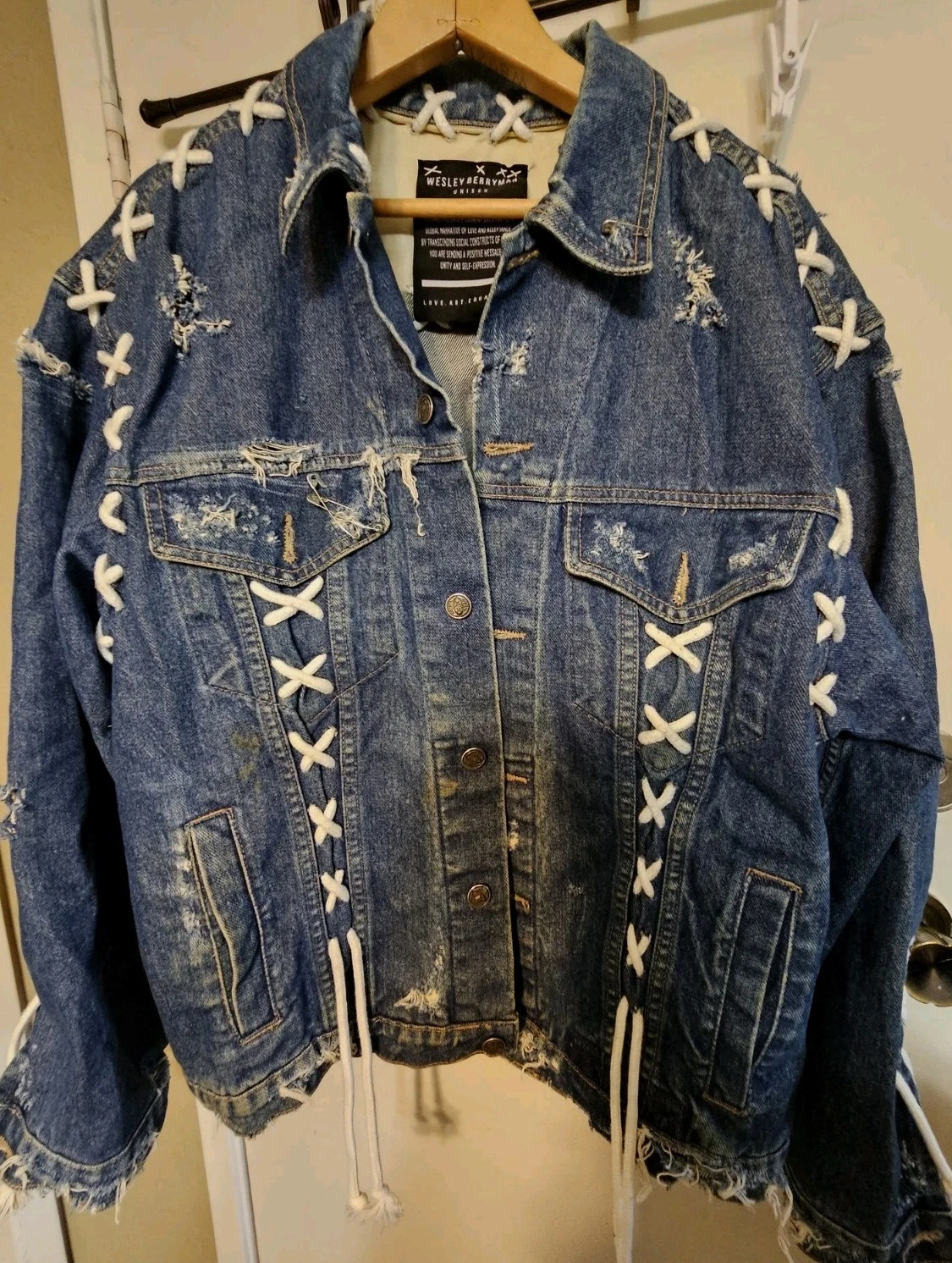 Wesley Berryman Weslah Unisex Distressed Lace-Up Denim Jacket Grunge M/L Design