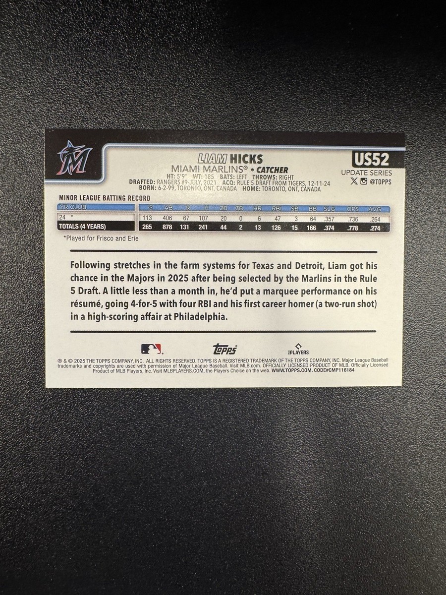2025 Topps Update Liam Hicks (RC) #US52 Marlins | eBay