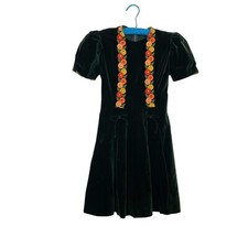 Vintage Green Embroidered Floral Girl  s Dress- Size 8