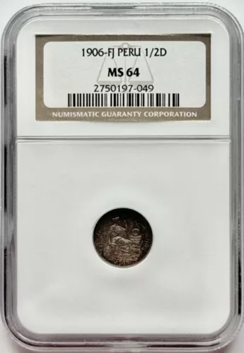 1906-FJ Peru 1/2D Silver Dinero NGC MS64