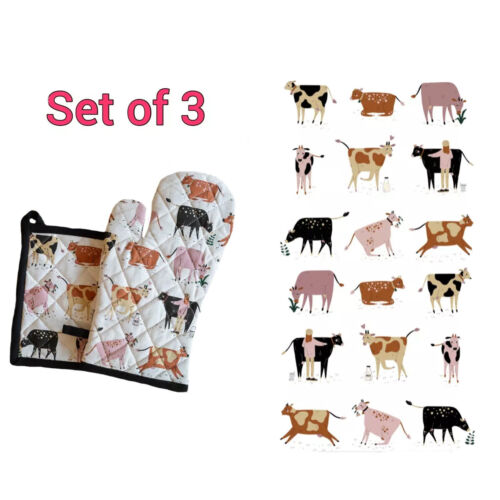 Set Of 3. Dairy Cows Cotton Pot Mitt & Oven Glove & Tea Towel Cotton Linen Gifts - Picture 1 of 6