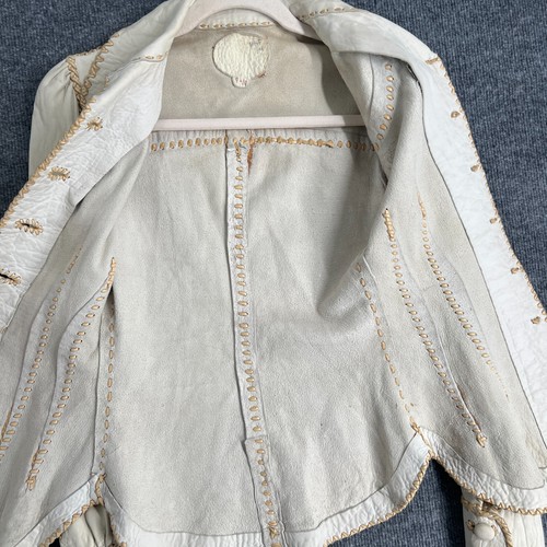 Vintage 70s North Beach Leather Jacket Off White Whipstitch Button Up Hippie - Picture 7 of 17