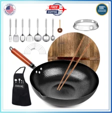 Carbon Steel Wok Pan, 14 Piece Woks & Stir-Fry Pans Set with Wooden Lid & Cookwa