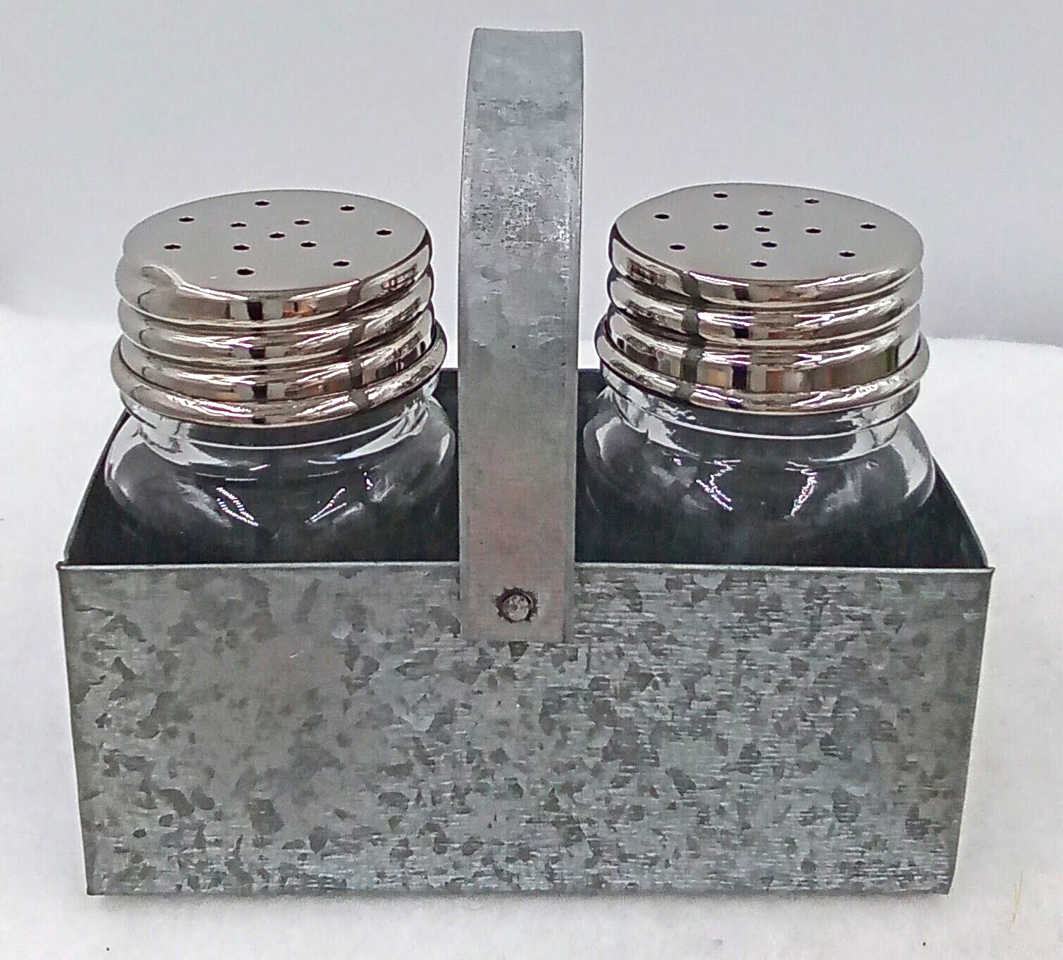 Vintage-style tin cap clear glass salt and pepper shakers with caddy handle 3.25 inch
