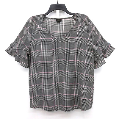 Worthington Shirt Womens Size L Black Houndstooth V-Neck Pullover Blouse Top