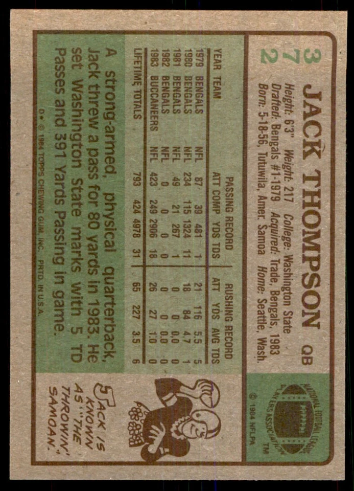 1984 TOPPS JACK THOMPSON TAMPA BAY BUCCANEERS #372 - Image 2 of 2