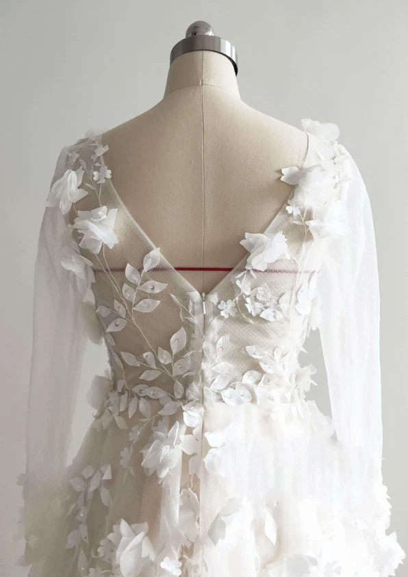 Ivory Lace Floral Wedding Dress Short Train 3D Lace Long Sleeves Wedding Gowns - Image 4 of 4