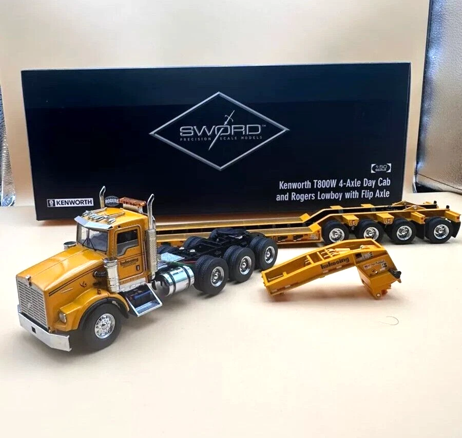Sword 1:50 Kenworth T800W Rogers 4-Axle Flip Lowboy Yellow