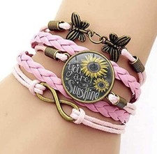 You Are My Sunshine Vintage PU Leather Braided Bracelet Sunflower Women Gifts