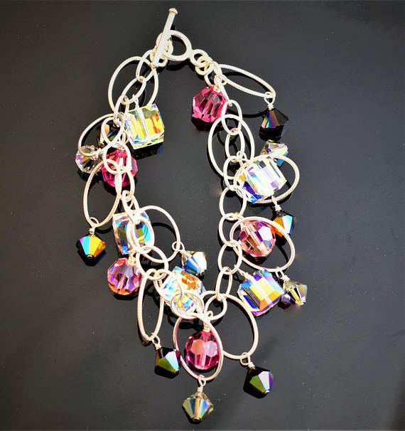 Swarovski Crystal Bracelet with 10mm Cube Round 8mm Bicone Silver-image