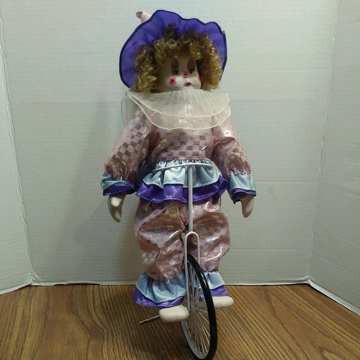 Vintage heritage Circus Clown Porcelain Doll hi wheeler bike Collectible 16 in