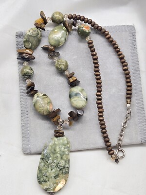 Artisan Made Necklace Choker Rainforest Jasper Ryolite Stone Wood Beads...