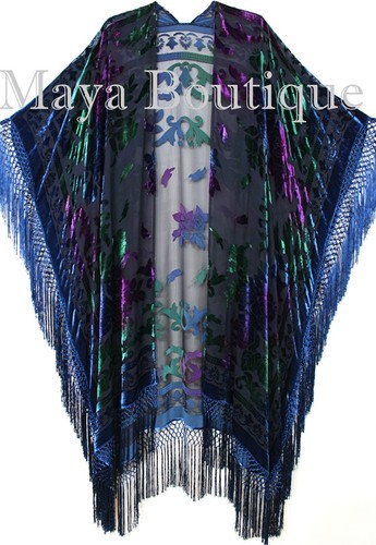 Maya Matazaro Tye-Dye Navy Blue Multi Fringe Kimono Burnout Velvet Jacket Coat - Picture 8 of 8