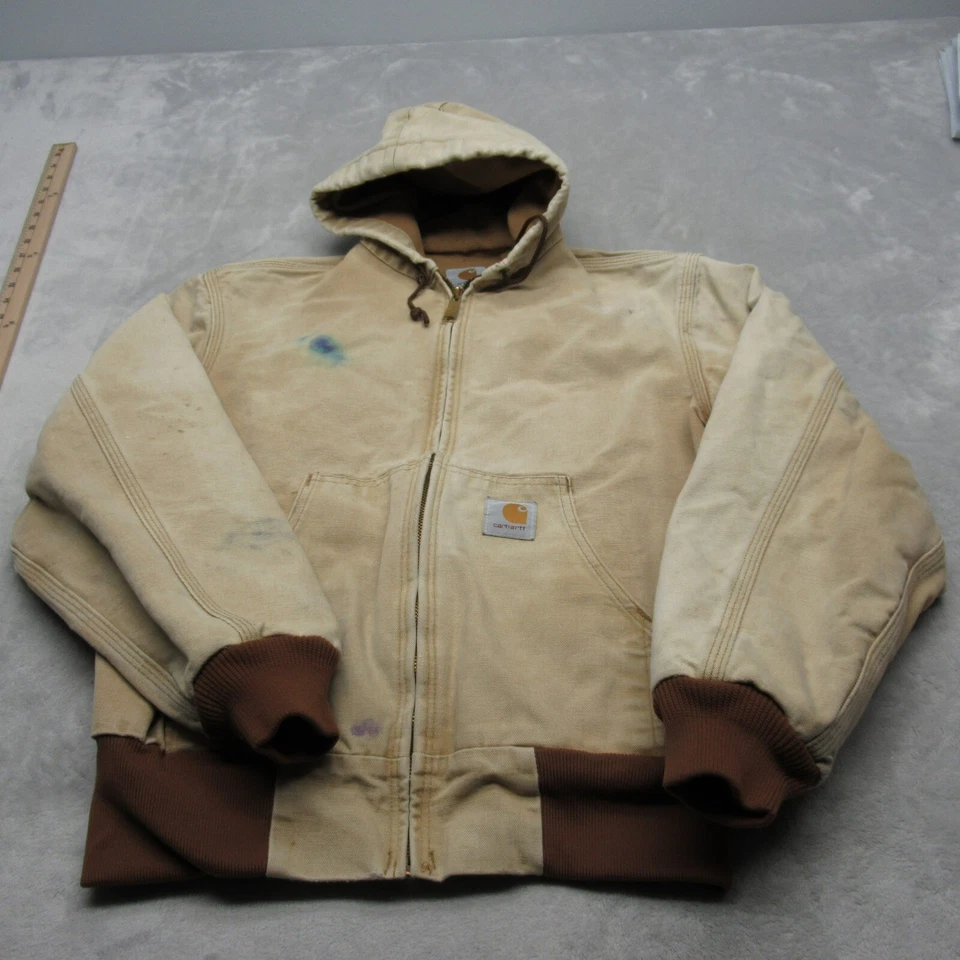 Carhartt Jacket Youth XL Beige Hooded Duck Canvas Lined Distressed Vintage - Image 2 of 4