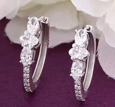 3 Oval Round Cut Moissanite Women Huggee Hoop Earrings In 14K White Gold Plated