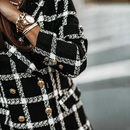 Women's Stylish Check Print Wool Blazer Coat Ladies Long Sleeve Collared Jacket - Picture 39 of 52
