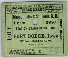 Vintage Fort Dodge v Angus Rock Island Ticket Stub Minneapolis St. Louis Railway C54