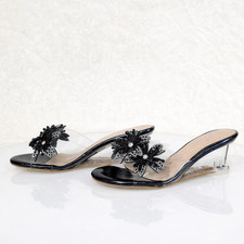 Eva Rhinestone Flower Black Slip On 2.5" Wedge Heel Casual Evening Party Shoes