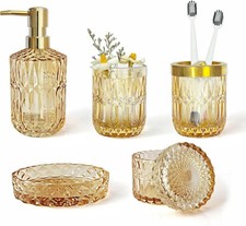 Clear Gold Bathroom Accessorries Set 5Pcs Glass Bathroom Set Soap Dispenser 