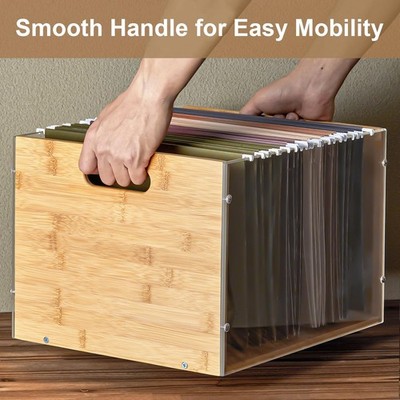 Clear Acrylic File Box Organizer, Bamboo Hanging Folder Storage