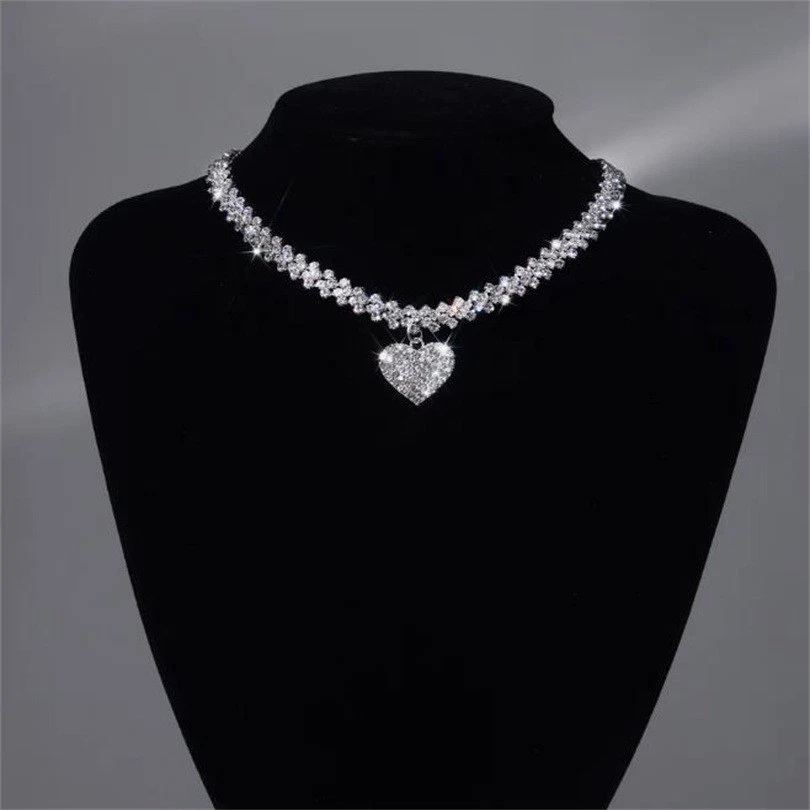Necklace Choker Silver Heart Charm Crystal Rhinestone Diamante Shine Sparkle - Image 3 of 4