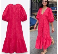 ZARA OPENWORK EMBROIDERED DRESS RED XS NWT