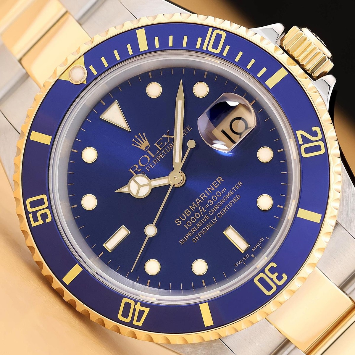 2002 ROLEX MENS SUBMARINER 16613LB 40MM BLUE DIAL 18K GOLD